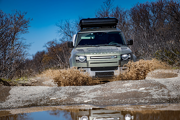 Image showing Rybachy, RUSSIA - May 30 2022: Off-roading New Land Rover Defend