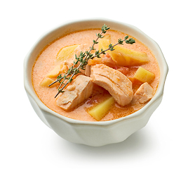 Image showing bowl of salmon and vegetable soup