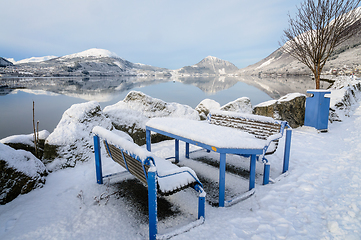 Image showing snow-covered benches by the lake