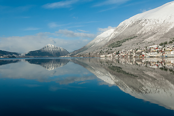 Image showing seascape in winter withe snow-covered mountains