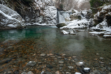 Image showing waterfall in winter with green water