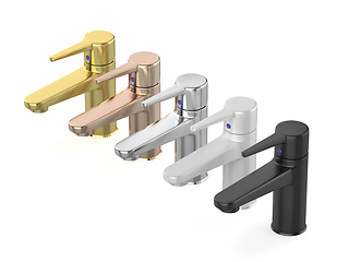 Image showing Bathroom faucets with different colors and materials