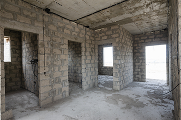 Image showing Construction of an individual residential building, view of the front door and doorways to bathrooms and rooms