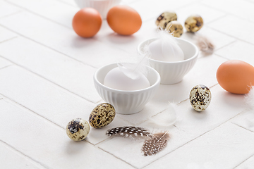 Image showing Different eggs with feathers for Easter on white background