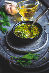 Image showing Chimichurri verde - Fresh traditional chimichurri sauce for barbecue meat