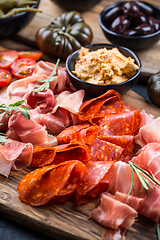 Image showing Charcuterie board with prosciutto ham, salami, olives and tapas