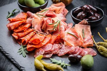 Image showing Charcuterie board with prosciutto ham, salami, olives and tapas