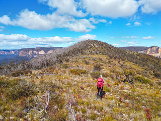 Image showing Woman hiking across an exposed hill high in the upper Blue Mount