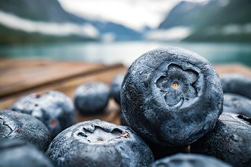 Image showing Blueberry antioxidants on a wooden table on a background of Norw