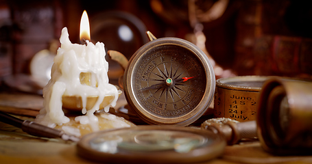 Image showing Vintage style travel and adventure. Vintage old compass and othe