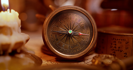 Image showing Vintage style travel and adventure. Vintage old compass and othe