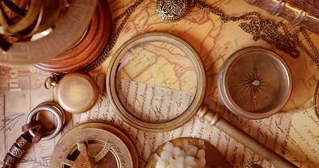 Image showing Vintage style travel and adventure. Vintage old compass and othe