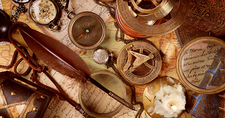 Image showing Vintage style travel and adventure. Vintage old compass and othe