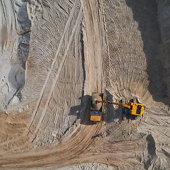 Image showing Aerial view of sand quarry with bulldozer