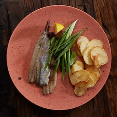 Image showing Pacific herring with fried potatoes and onion