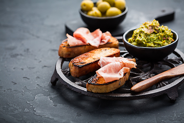 Image showing Fried bread - savory French toast with avocado spread and Serrano ham