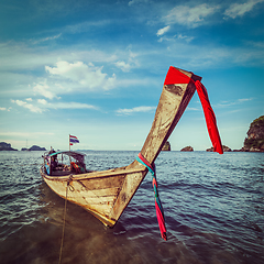 Image showing Long tail boat on beach, Thailand