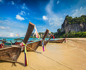 Image showing Long tail boats on beach, Thailand