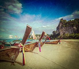 Image showing Long tail boats on beach, Thailand