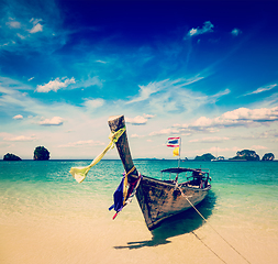 Image showing Long tail boat on beach, Thailand