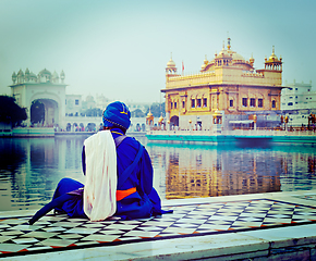 Image showing Unidentifiable Seekh Nihang warrior meditating at Sikh temple Ha