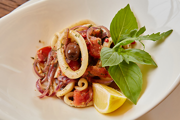 Image showing Seafood Salad with Shrimps and Squid Rings