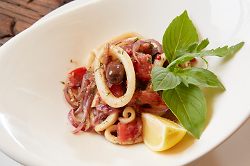 Image showing Seafood Salad with Shrimps and Squid Rings