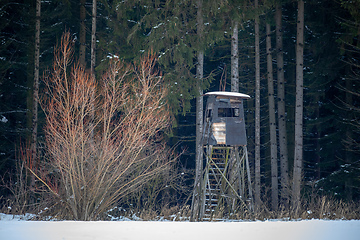 Image showing Wooden hunting tower in forest