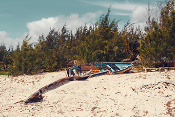 Image showing abandoned boat in sandy beach in madagascar