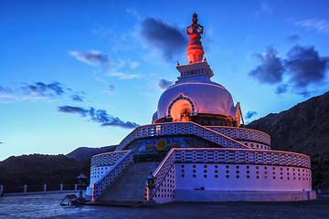 Image showing Shanti stupa illuminated in the evening twilight. Leh, Ladakh