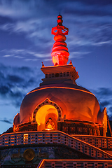 Image showing Shanti stupa illuminated in the evening twilight. Leh, Ladakh