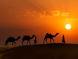 Image showing Two cameleers (camel drivers) with camels in dunes of Thar deser