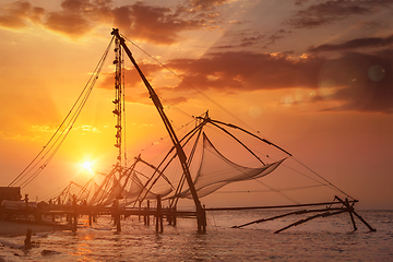 Image showing Chinese fishnets on sunset. Kochi, Kerala, India