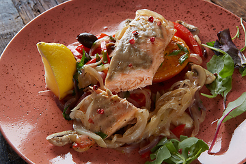 Image showing Steamed salmon with vegetables on a plate.