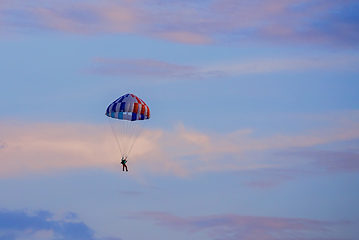 Image showing parachuting sport in sunset sky