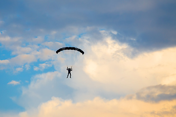 Image showing parachuting sport in sunset sky