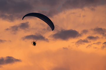 Image showing parachuting sport in sunset sky