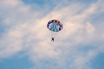 Image showing parachuting sport in sunset sky