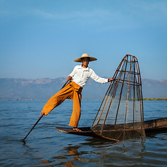 Image showing Burmese fisherman at Inle lake, Myanmar