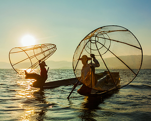 Image showing Burmese fisherman at Inle lake, Myanmar