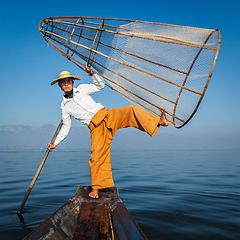 Image showing Burmese fisherman at Inle lake, Myanmar