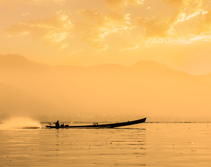 Image showing Motor boat silhouette on Inle lake