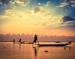 Image showing Traditional Burmese fishermen at Inle lake Myanmar