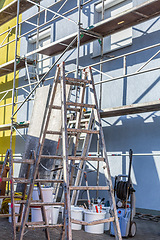 Image showing Modern house under construction with scaffold pole platform. 