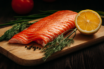 Image showing Fresh salmon piece on wooden board