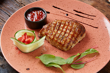 Image showing The beef steak on plate. Shallow dof.