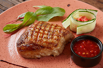 Image showing The beef steak on plate. Shallow dof.