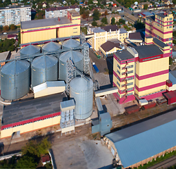 Image showing Agricultural Silo. Storage and drying of grains, wheat, corn, soy, against the blue sky with clouds.