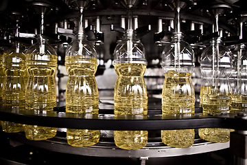 Image showing Sunflower oil in the bottle moving on production line. Shallow dof.