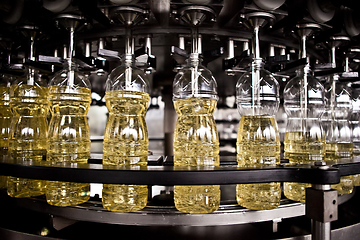 Image showing Sunflower oil in the bottle moving on production line. Shallow dof.